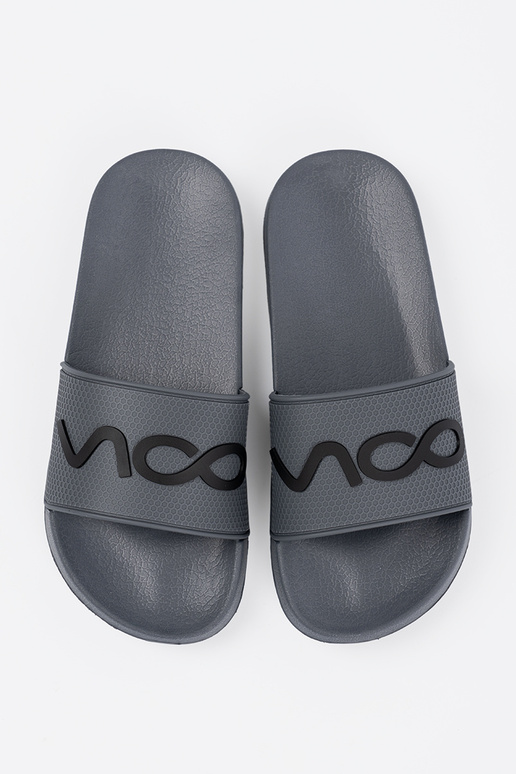 gray slippers Inith the inscription