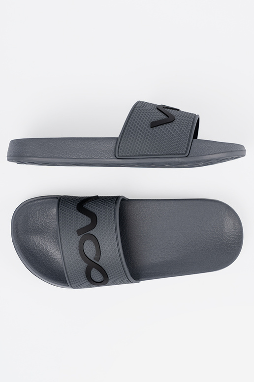 gray slippers Inith the inscription