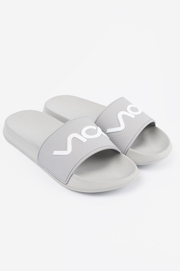 gray slippers Inith the inscription