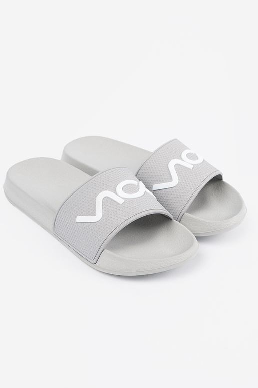 gray slippers Inith the inscription