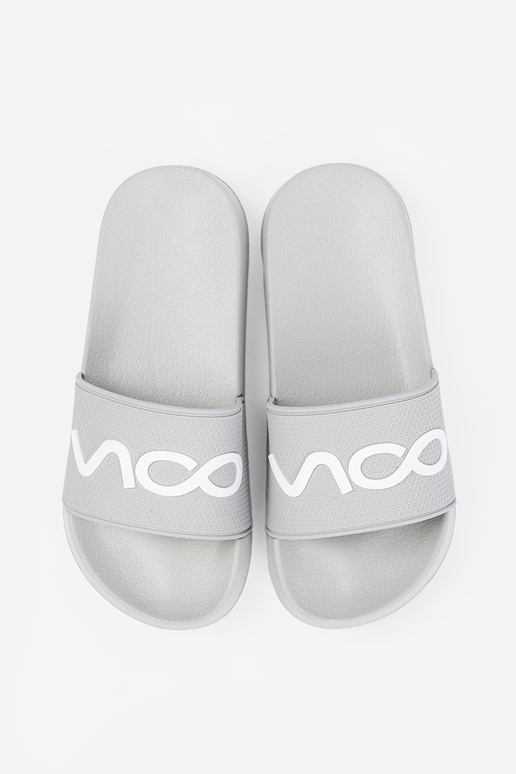 gray slippers Inith the inscription