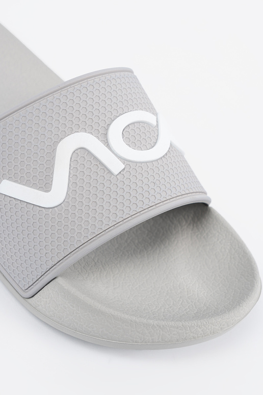 gray slippers Inith the inscription