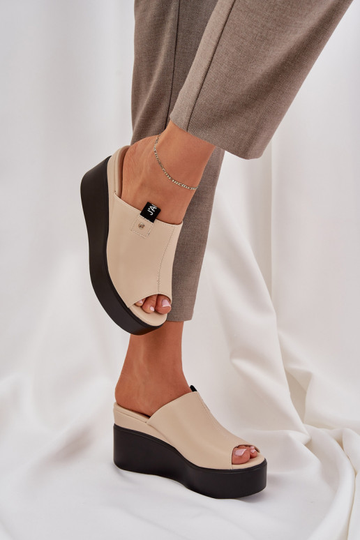 Klapki Na Platformie I Koturnie Eko Skórzane Beżowe Eridoria