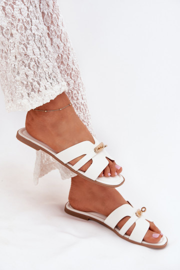 Flat Ladies Slippers With Strap And Golden Detail White Kerenza