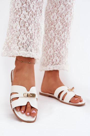 Flat Ladies Slippers With Strap And Golden Detail White Kerenza 2