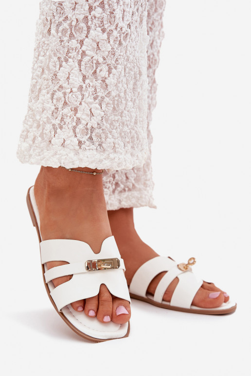 Flat Ladies Slippers With Strap And Golden Detail White Kerenza