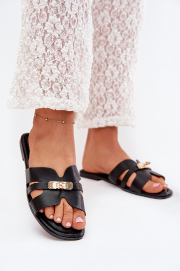 Flat Women's Sandals With Strap And Golden Detail Black Kerenza 2