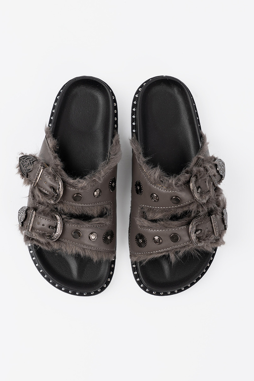 Szare klapki z futerkiem i ćwiekami