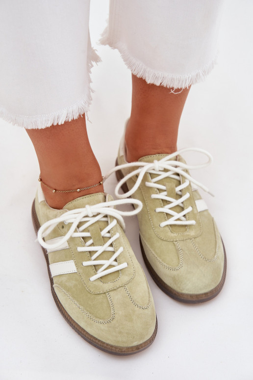 Niskie Skórzane Sneakersy Damskie Limonkowe Ismina