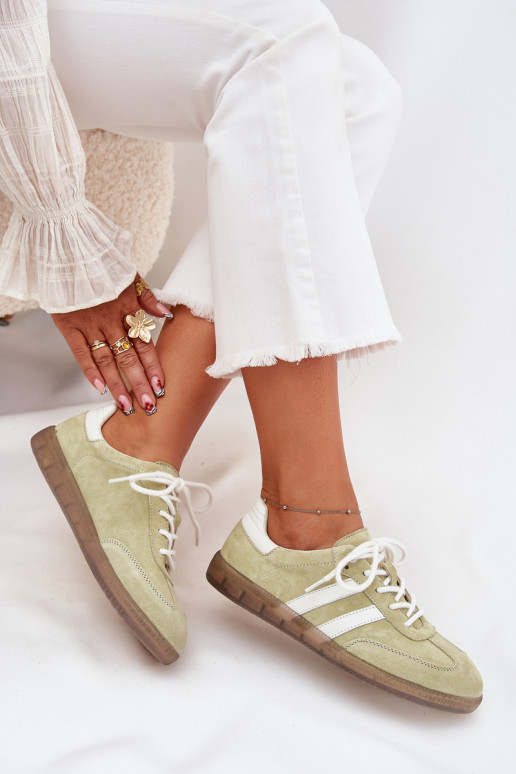 Niskie Skórzane Sneakersy Damskie Limonkowe Ismina