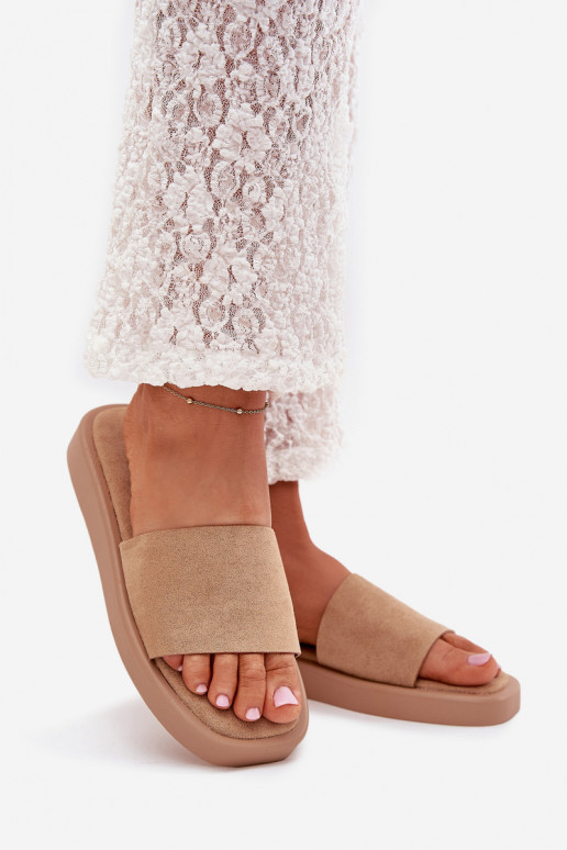 Klapki Damskie Na Platformie Z Eko Zamszu Ciemnobeżowe Jorina