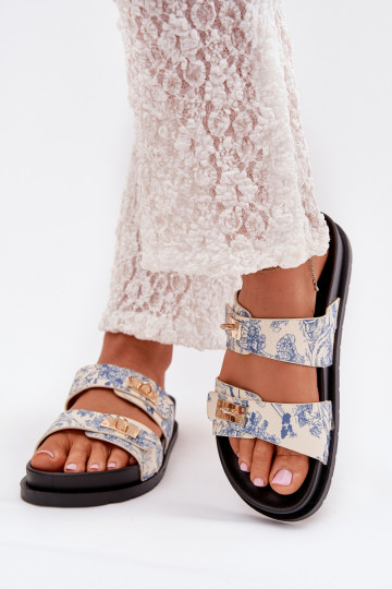 Patterned Ladies Platform Slippers Blue Sorina