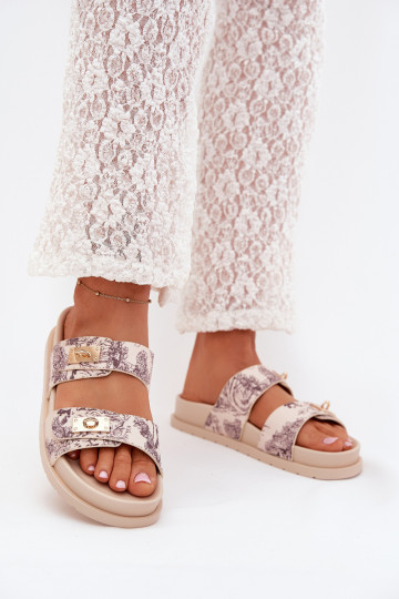 Patterned Women's Platform Slippers Beige Sorina