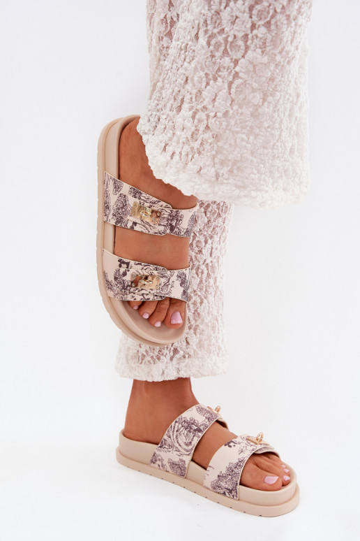 Patterned Women's Platform Slippers Beige Sorina