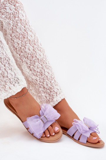 Ladies Flat Heeled Slippers With Tulle Bow Purple Tanira