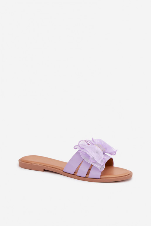 Ladies Flat Heeled Slippers With Tulle Bow Purple Tanira