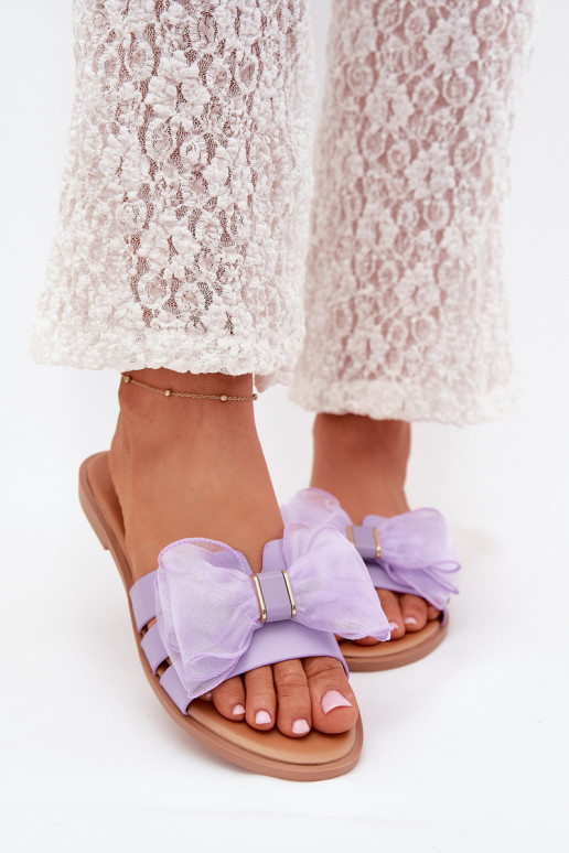 Ladies Flat Heeled Slippers With Tulle Bow Purple Tanira