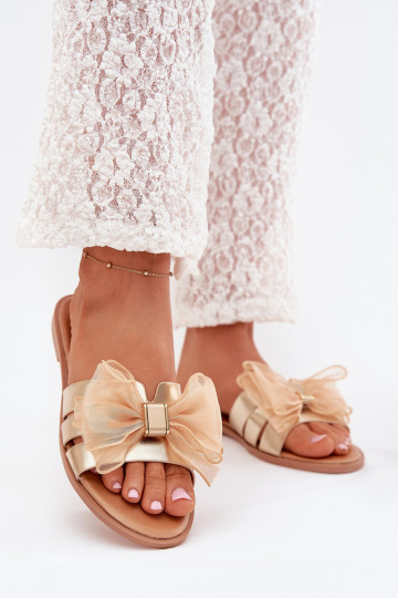 Ladies flat sandals with tulle bow gold Tanira 2