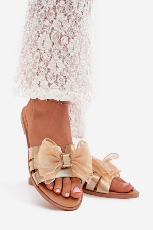 Ladies flat sandals with tulle bow gold Tanira