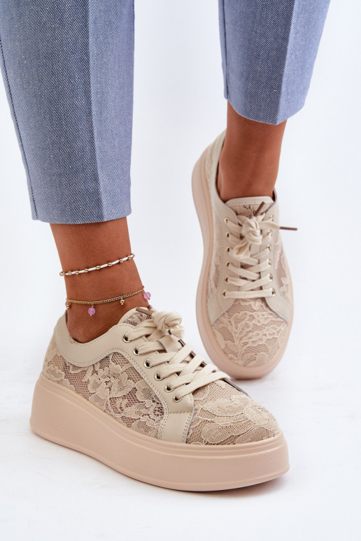 copy of Koronkowe Sneakersy Damskie Na Platformie S.Barski HY025 Beżowe