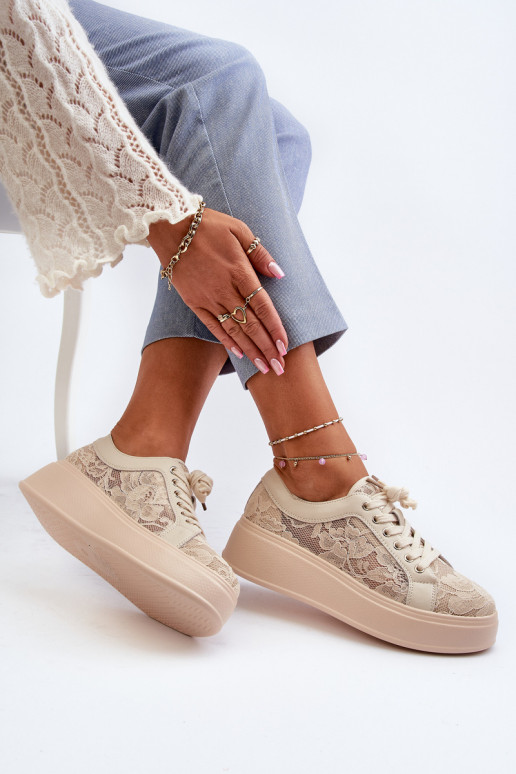 Lace Sneakers Women's On Platform S.Barski HY025 Beige