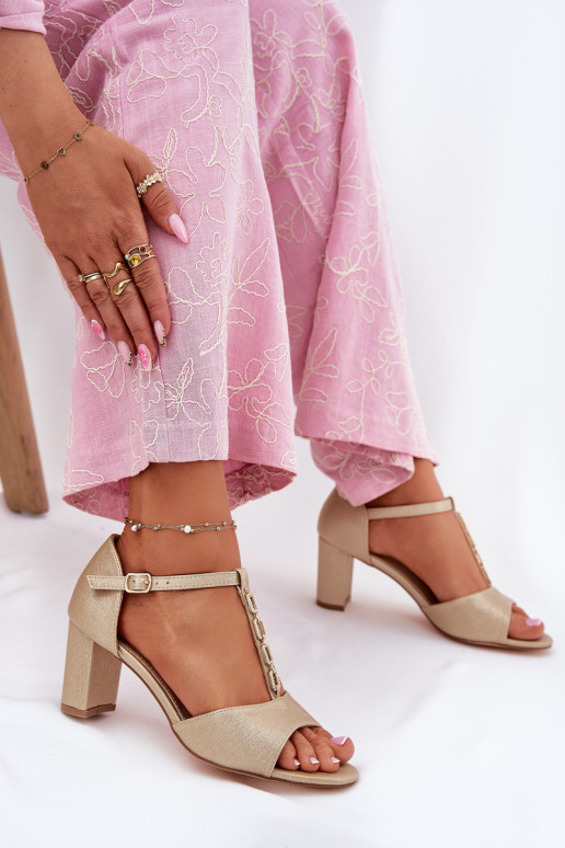 Women's Sandals On A Heel With A Decorative Strap Eco Leather Gold Triavera