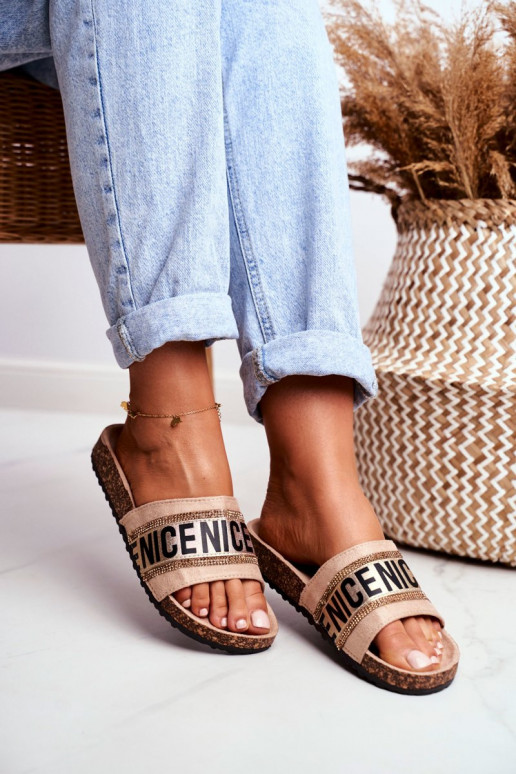 Slippers On Cork Sole With Cubic Zirconia Beige Be Nice