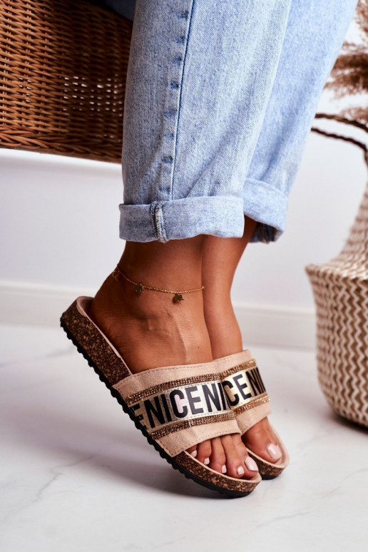 copy of Slippers On Cork Sole With Cubic Zirconia Beige Be Nice