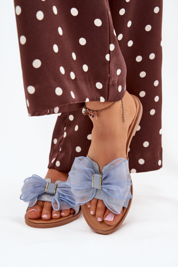 Women Flat Heel Slippers With Tulle Bow Denim Tanira 2