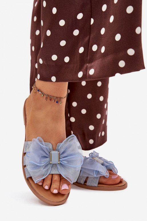 Women Flat Heel Slippers With Tulle Bow Denim Tanira