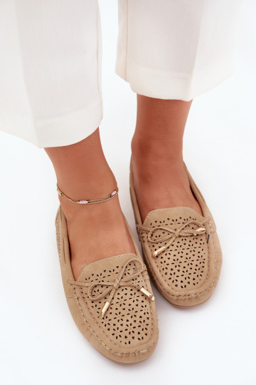 Ladies moccasins with perforated pattern and lacing Khaki Mirisa