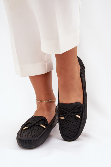 Women's Moccasins With Perforated Pattern And Lacing Black Mirisa