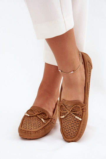 Ladies Moccasins With Perforated Pattern And Lacing Camel Mirisa