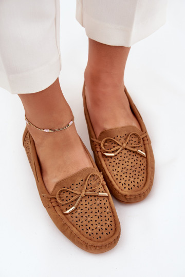Ladies Moccasins With Perforated Pattern And Lacing Camel Mirisa 2