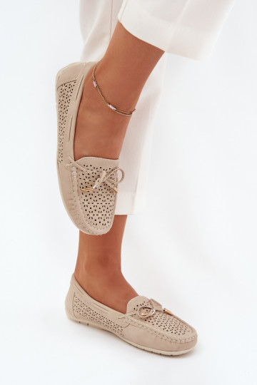 Women's moccasins with perforated pattern and lacing beige Mirisa