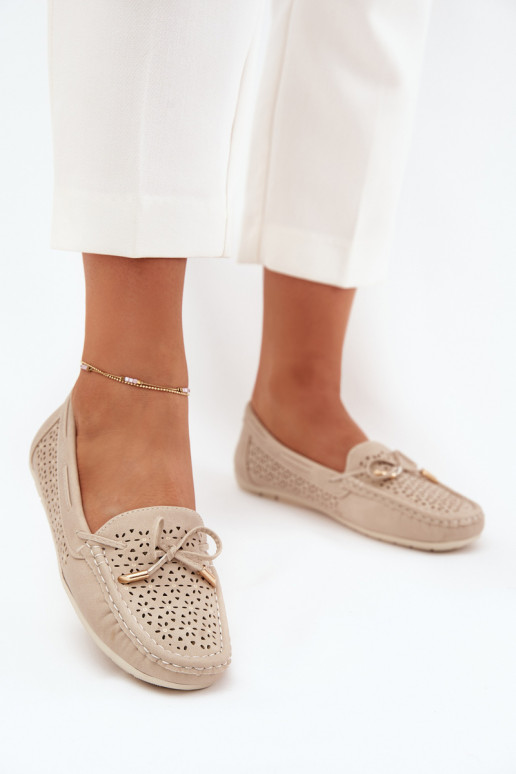 Women's moccasins with perforated pattern and lacing beige Mirisa Women's moccasins with perforated pattern and lacing beige Mirisa