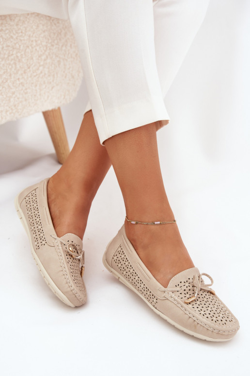 Women's moccasins with perforated pattern and lacing beige Mirisa Women's moccasins with perforated pattern and lacing beige Mirisa