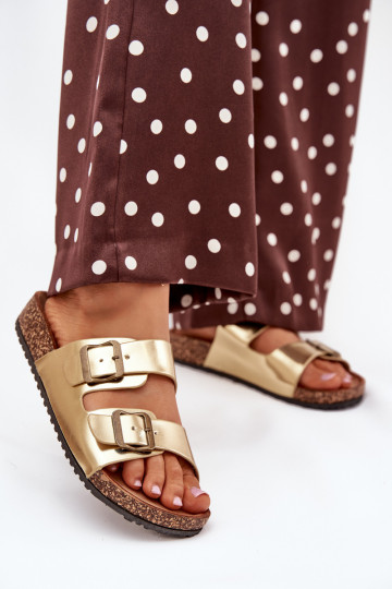 Women's sandals on cork platform with buckles golden Vesina