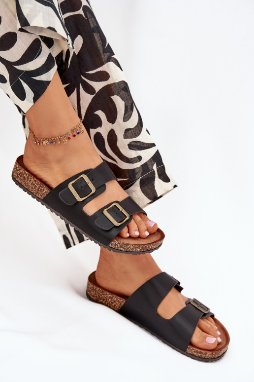 Women's Flip Flops On Cork Platform With Buckles Black Vesina Women's Flip Flops On Cork Platform With Buckles Black Vesina