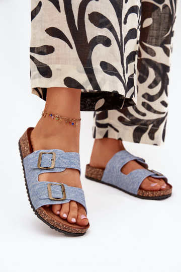 Women's Slippers On Cork Platform With Buckles Light Denim Vesina 2