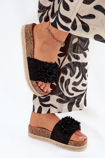 Women's Platform Slippers With Decorative Flowers Black Tessara