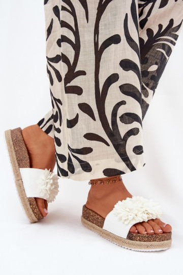 Womens Platform Slippers With Decorative Flowers White Tessara