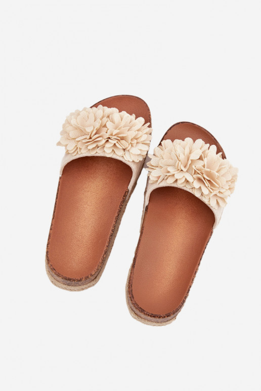 Klapki Damskie Na PlatformiewithOzdobnymi Kwiatkami Beżowe Tessara