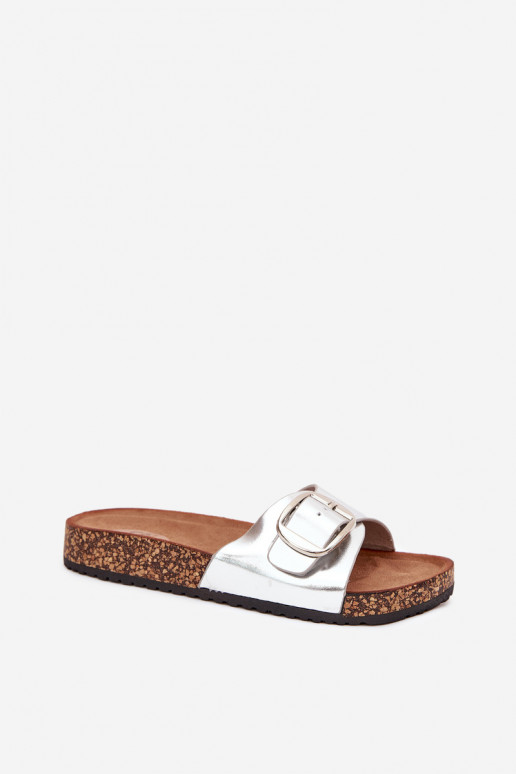Women's Cork Platform Slippers With Buckle Silver Vianara