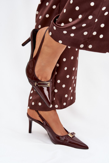 Lacquered High Heel Pumps With Golden Buckle Chocolate Vivae 2