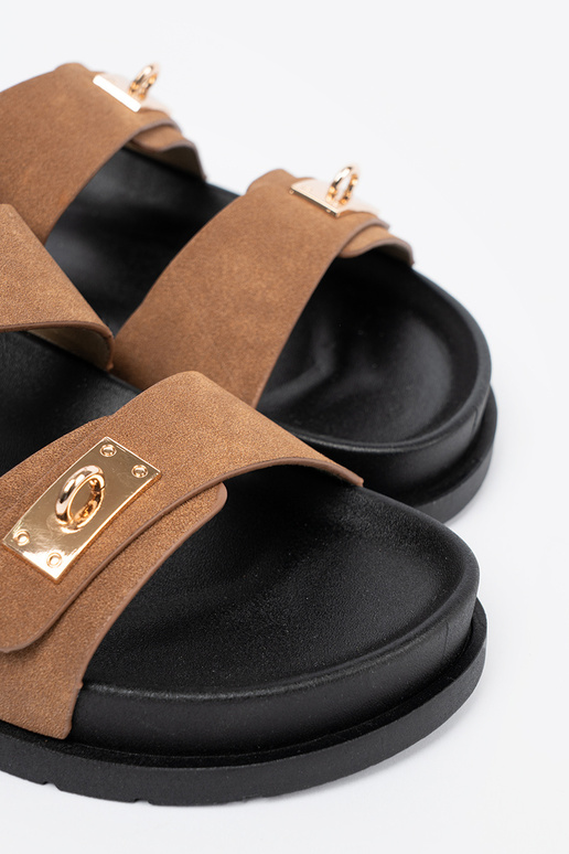 Jansnobrązowe klapki damskie ze złotymi wstawkami