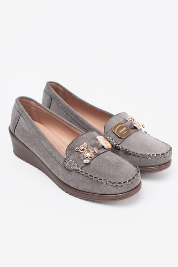gray shoes Inith gold details