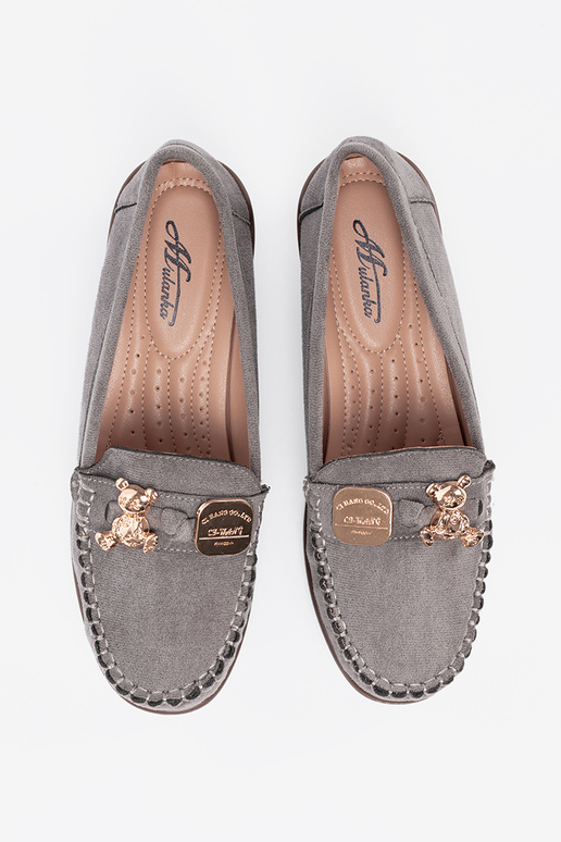 gray shoes Inith gold details