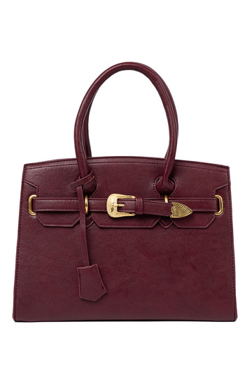 burgundy Handbag Inith a decorative buckle In goldenm kolorze 2