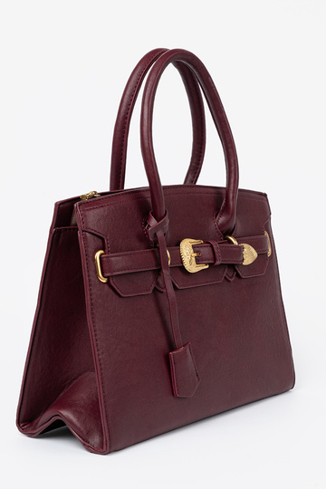 burgundy Handbag Inith a decorative buckle In goldenm kolorze